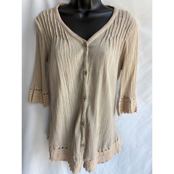 Ojai 100% Cotton Brown Taupe Natural Top Size M Boho Ethnic Bohemian Lace - Picture 1 of 10
